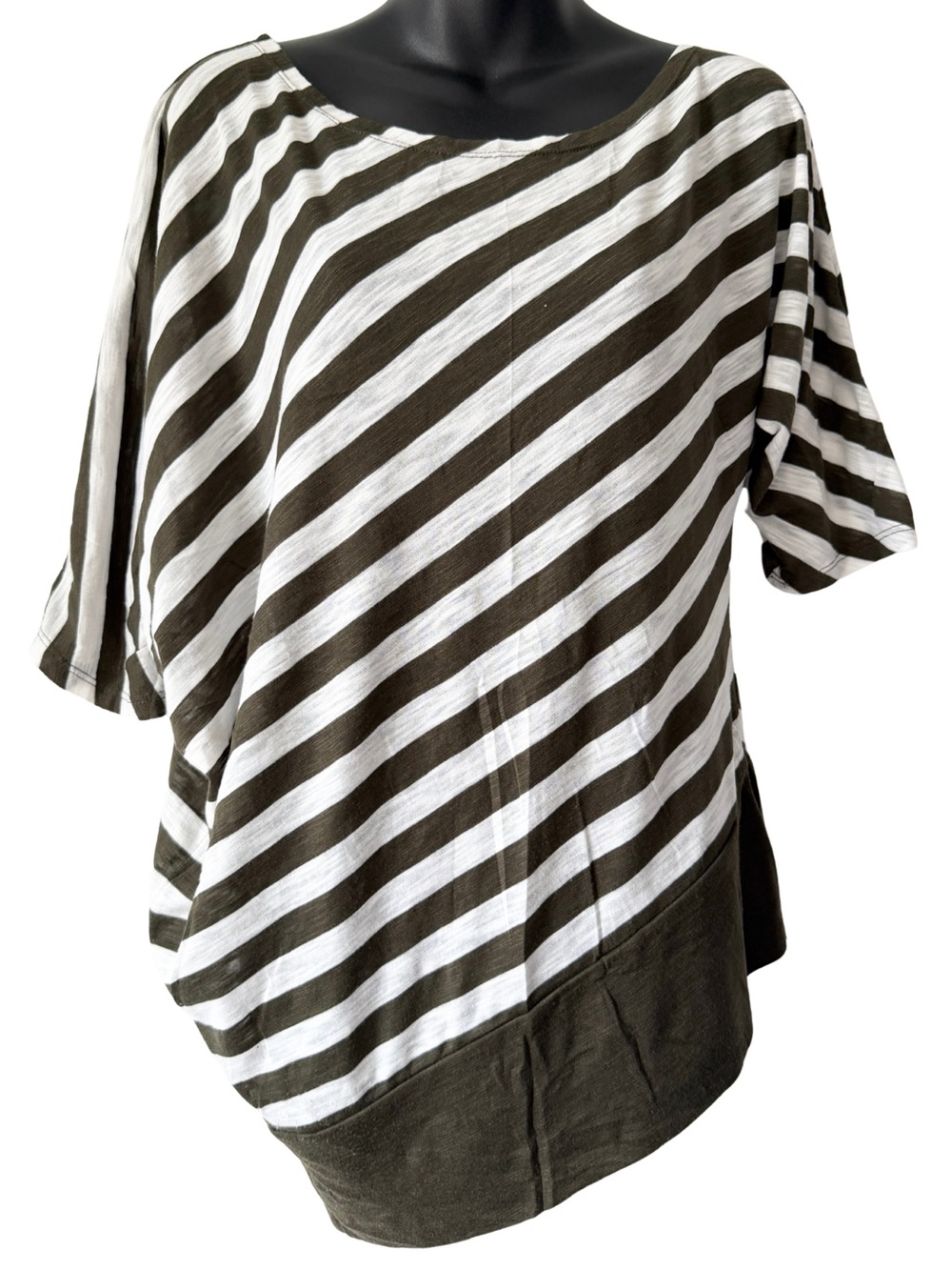 Striped Olive White Asymmetrical Dolman Top Planet Gold Womens Large Relaxed Fit